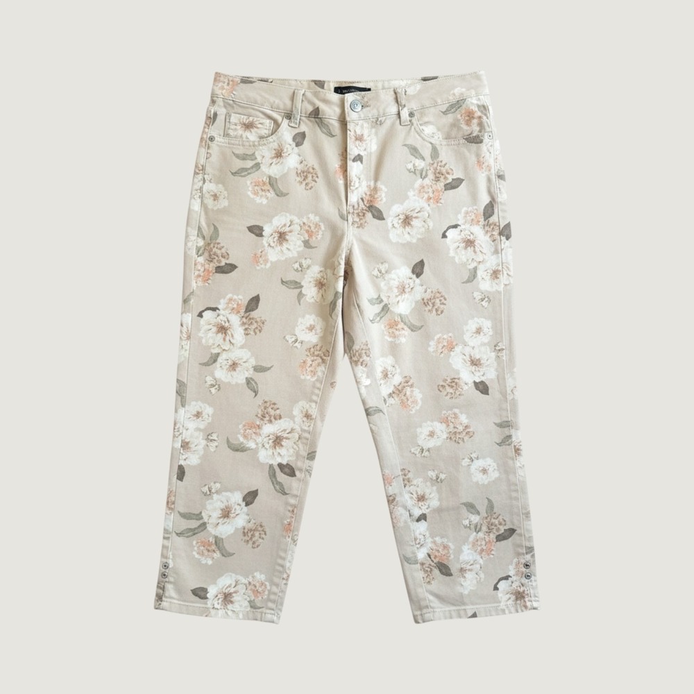 Gloria Vanderbilt Amanda Capri Pants Women 10 Beige Floral Stretch Denim Jeans